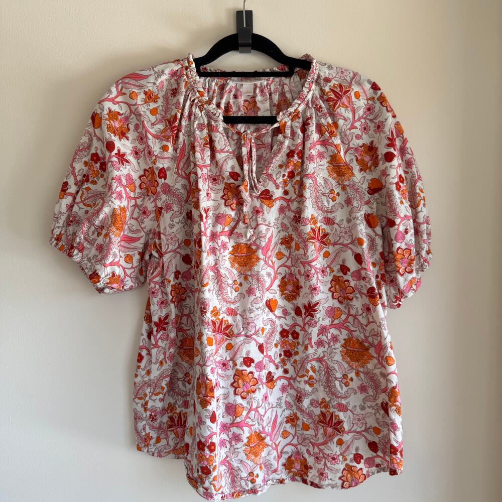 Knox Rose Peasant Floral Blouse Pink Orange Linen Blend Short Sleeve Sz L